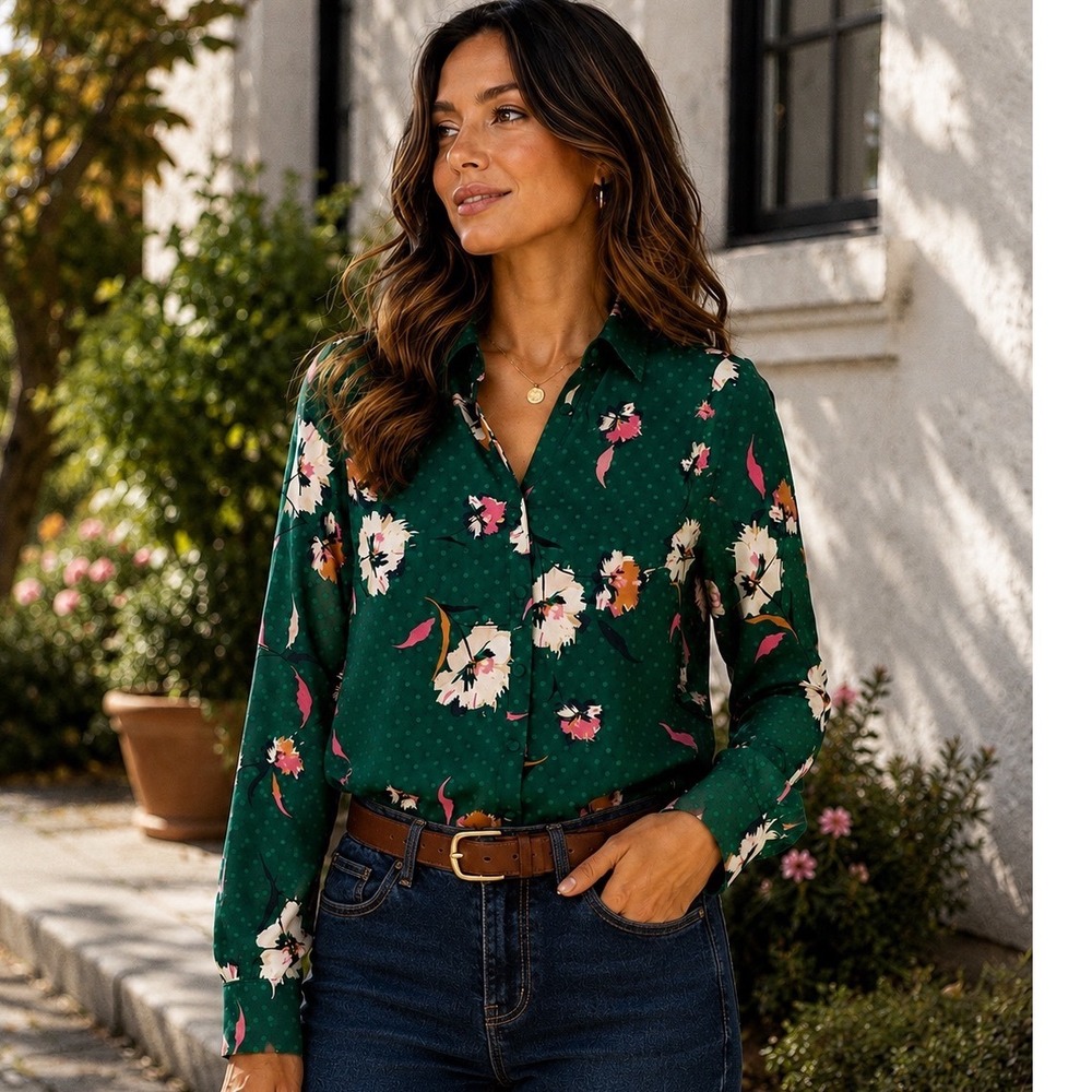 Portofino Floral Polka Dot Button Down Blouse Dark Academia Eclectic Green Sz M